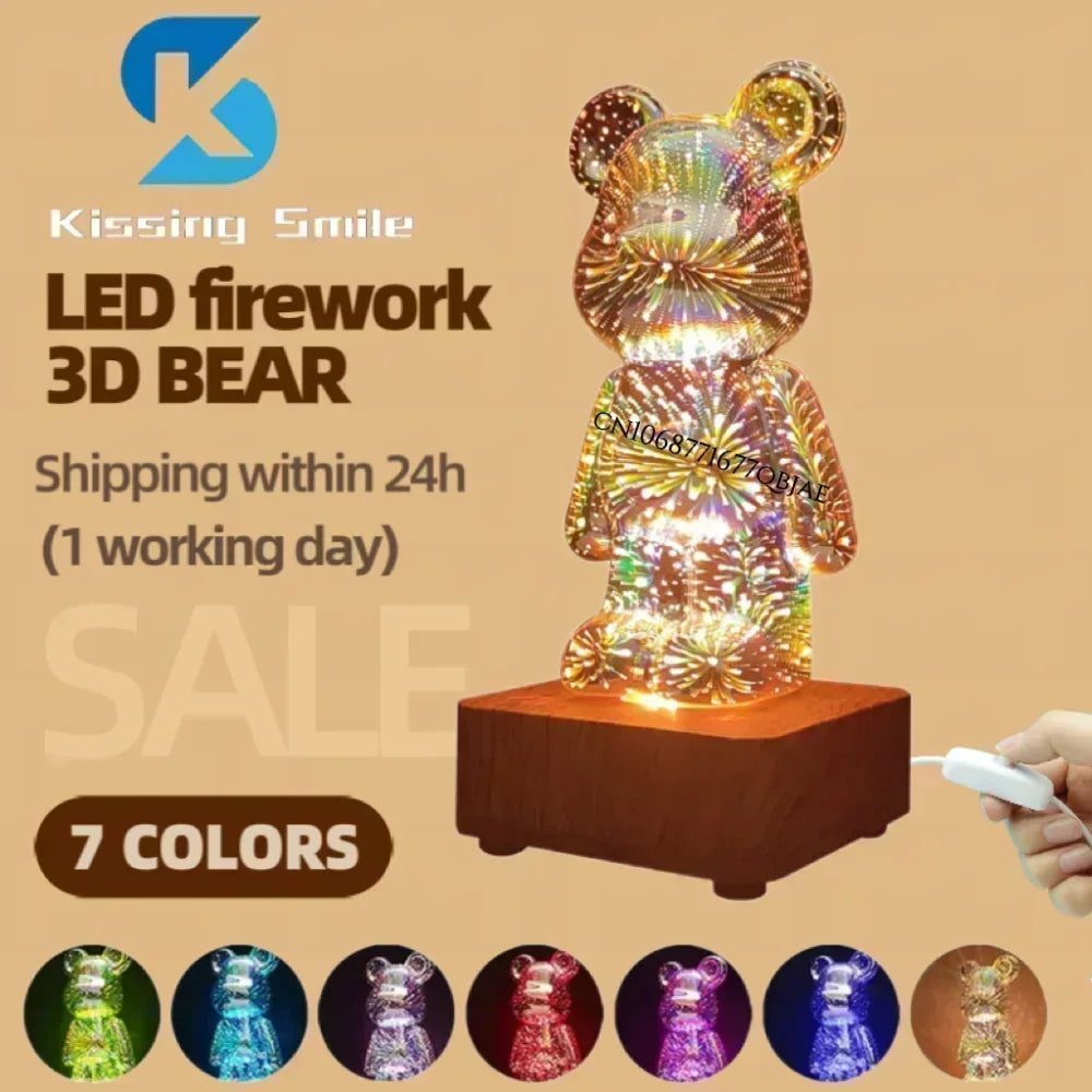 3D Fireworks Bear Lamp Usb Led Night Light Bedroom Decoration Cute Table Desk Projection Atmosphere 7 Color Changeable Kid Gift