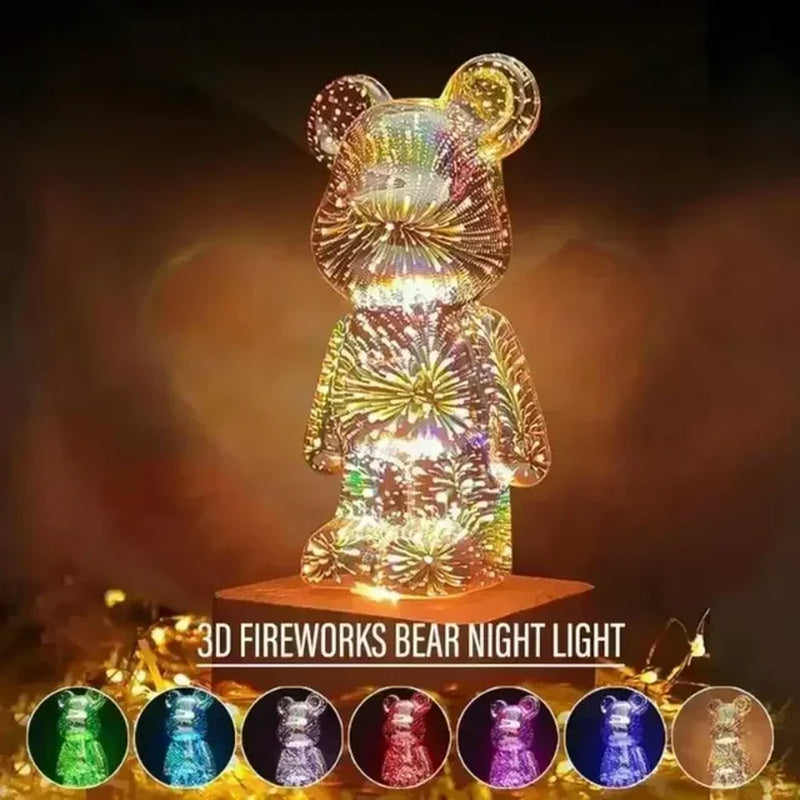 3D Fireworks Bear Lamp Usb Led Night Light Bedroom Decoration Cute Table Desk Projection Atmosphere 7 Color Changeable Kid Gift