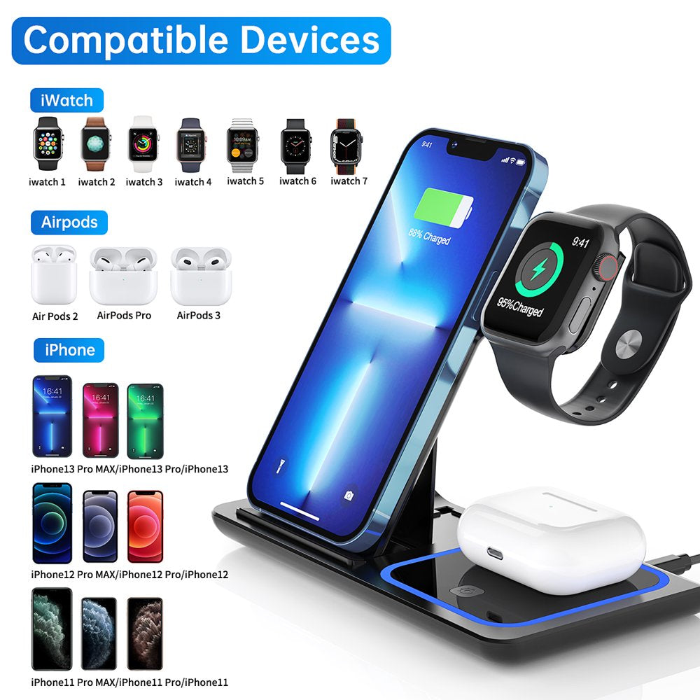 3 in 1 Wireless Charger, 18W Fast Charger Pad Stand Charging Station Dock for Iwatch Series SE 8/7/6/5/4/3 Airpods Pro/3/2 for Iphone 15/14/13/12 /11/Pro Max/12 Mini /XR (With QC3.0 Adapter)