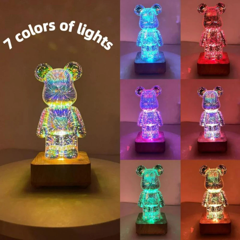 3D Fireworks Bear Lamp Usb Led Night Light Bedroom Decoration Cute Table Desk Projection Atmosphere 7 Color Changeable Kid Gift